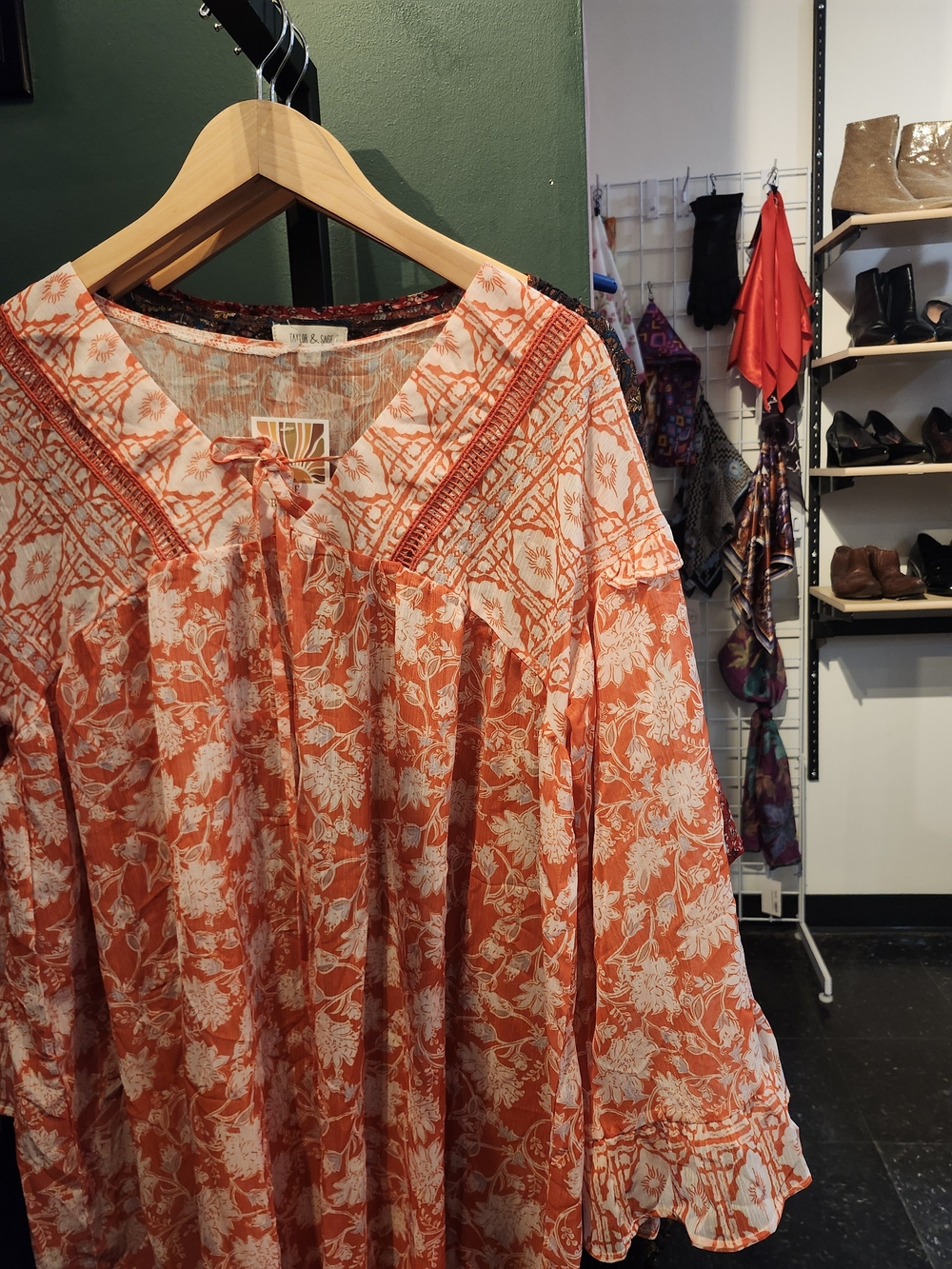 Boho Floral Tie-Neck Peasant Dress - Orange & White Ruffle SHEER Tunic Top